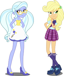 Size: 2345x2768 | Tagged: safe, artist:xebck, character:applejack, character:sugarcoat, equestria girls:friendship games, g4, my little pony: equestria girls, my little pony:equestria girls, alternate hairstyle, alternate universe, bow tie, clothes swap, clothing, crossed legs, crystal prep academy, crystal prep academy uniform, crystal prep shadowbolts, freckles, glasses, high heels, plaid skirt, pleated skirt, role reversal, school uniform, shoes, simple background, skirt, socks, transparent background, vector