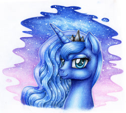 Size: 945x846 | Tagged: safe, artist:evomanaphy, character:princess luna, species:alicorn, species:pony, female, looking at you, pencil drawing, portrait, solo, stars, traditional art