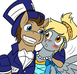 Size: 780x750 | Tagged: safe, artist:jitterbugjive, character:derpy hooves, character:doctor whooves, character:time turner, species:pegasus, species:pony, ship:doctorderpy, blushing, clothing, dress, female, hat, male, mare, shipping, smiling, straight, suit, top hat