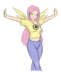 Size: 500x584 | Tagged: safe, artist:eve-ashgrove, character:fluttershy, species:human, belly button, clothing, female, humanized, macross, robotech, solo, winged humanization