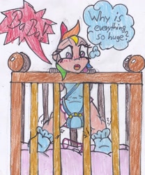 Size: 1897x2277 | Tagged: safe, artist:cuddlelamb, part of a set, character:rainbow dash, species:human, age regression, better lock the door, blushing, booties, crib, diaper, humanized, onesie, part of a series, poofy diaper, traditional art