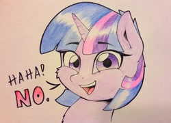 Size: 2500x1801 | Tagged: safe, artist:captainpudgemuffin, character:twilight sparkle, species:pony, species:unicorn, alternate hairstyle, female, fluffy, haha no, looking at you, no, open mouth, reaction image, short hair, smiling, solo, traditional art