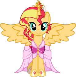 Size: 3500x3548 | Tagged: safe, artist:xebck, edit, character:sunset shimmer, species:alicorn, species:pony, episode:magical mystery cure, g4, my little pony: friendship is magic, my little pony:equestria girls, alicornified, alternate universe, big crown thingy, clothing, coronation dress, crown, cute, dress, female, front, jewelry, looking at you, race swap, regalia, shimmerbetes, shimmercorn, simple background, smiling, solo, tiara, transparent background, vector, vector edit