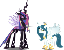 Size: 3809x3000 | Tagged: safe, artist:xebck, edit, character:princess cadance, character:queen chrysalis, species:alicorn, species:changeling, species:pony, episode:a canterlot wedding, g4, my little pony: friendship is magic, alicorn princess, alternate universe, changelingified, green eyes, looking at you, ponified, princess chrysalis, purple changeling, queen cadance, role reversal, simple background, species swap, transparent background, vector, vector edit