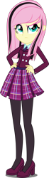 Size: 1100x3971 | Tagged: safe, artist:xebck, character:fluttershy, equestria girls:friendship games, g4, my little pony: equestria girls, my little pony:equestria girls, alternate hairstyle, alternate universe, clothing, crystal prep academy, crystal prep academy uniform, crystal prep shadowbolts, emoshy, eyeshadow, female, hand on hip, high heels, makeup, pantyhose, pleated skirt, school uniform, simple background, skirt, solo, tights, transparent background, vector