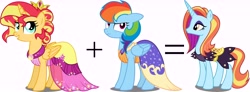 Size: 10825x4000 | Tagged: safe, artist:xebck, edit, character:rainbow dash, character:sassy saddles, character:sunset shimmer, species:alicorn, species:pegasus, species:pony, species:unicorn, ship:sunsetdash, episode:canterlot boutique, g4, my little pony: friendship is magic, absurd resolution, alicorn princess, alicornified, alternate hairstyle, alternate universe, clothing, collage, crown, cute, dress, female, gala dress, grand galloping gala, insane troll logic, lesbian, magical lesbian spawn, offspring, race swap, rainbow dash always dresses in style, shimmerbetes, shimmercorn, shipping, simple background, smiling, transparent background, vector, wat