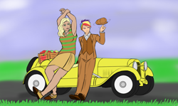 Size: 1440x858 | Tagged: safe, artist:eve-ashgrove, character:applejack, character:rainbow dash, species:human, 1920s, alternate hairstyle, armpits, car, cigarette, clothing, dark skin, humanized, mary janes, rainbow dash always dresses in style, roadster, skirt, smoking, suit