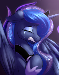 Size: 1530x1960 | Tagged: safe, artist:dripponi, artist:lattynskit, character:princess luna, character:tantabus, species:alicorn, species:pony, crying, eyes closed, female, floppy ears, gritted teeth, mare, sad, solo