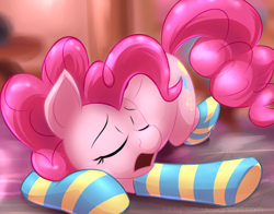 Size: 1700x1330 | Tagged: safe, artist:dripponi, artist:lattynskit, character:pinkie pie, species:earth pony, species:pony, g4, clothing, cute, diapinkes, eyebrows, eyes closed, female, lying down, mare, open mouth, prone, signature, sleeping, socks, solo, stockings, striped socks