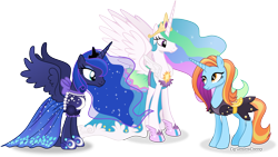 Size: 4497x2530 | Tagged: safe, artist:vector-brony, character:princess celestia, character:princess luna, character:sassy saddles, episode:canterlot boutique, g4, my little pony: friendship is magic, absurd resolution, clothing, dress, looking at each other, over the moon, signature, simple background, transparent background, tripping the light, vector