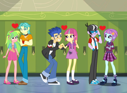 Size: 1024x748 | Tagged: safe, artist:themexicanpunisher, character:flash sentry, character:lemon zest, character:ringo, character:sour sweet, character:sunny flare, equestria girls:friendship games, g4, my little pony: equestria girls, my little pony:equestria girls, background human, brawly beats, canterlot high, clothing, dress, female, flash drive (band), high heels, male, mary janes, ringo, shipping, shoes, skirt, socks, sour sentry, straight