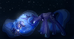 Size: 5653x3001 | Tagged: safe, artist:darkflame75, character:princess luna, character:scootaloo, species:alicorn, species:pegasus, species:pony, absurd resolution, duo, female, filly, frown, magic, night, scootasad, stars