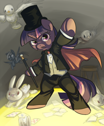 Size: 800x967 | Tagged: safe, artist:php27, character:derpy hooves, character:twilight sparkle, species:pegasus, species:pony, species:rabbit, cape, card, clothing, dove, female, magician, mare, moustache, semi-anthro, top hat