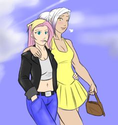 Size: 808x851 | Tagged: safe, artist:eve-ashgrove, character:fluttershy, character:gilda, species:human, ship:gildashy, accessory swap, backwards cigarette, badass, bandana, belly button, blushing, cigarette, cleavage, clothes swap, clothing, cute, dress, female, flutterbadass, humanized, jacket, jeans, leather jacket, lesbian, midriff, personality swap, purse, role reversal, shipping, smoking, sundress