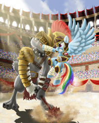 Size: 2400x3000 | Tagged: safe, artist:evil-dec0y, character:rainbow dash, species:diamond dog, colosseum, fight, gladiator, mace, roman, weapon