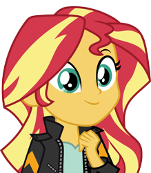 Size: 6330x7214 | Tagged: safe, artist:luckreza8, character:sunset shimmer, equestria girls:friendship games, g4, my little pony: equestria girls, my little pony:equestria girls, .svg available, absurd resolution, clothing, cute, female, happy, inkscape, leather jacket, shimmerbetes, simple background, smiling, solo, transparent background, vector, when she smiles