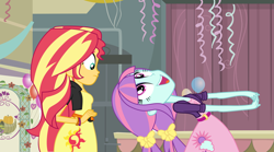 Size: 3209x1789 | Tagged: safe, artist:xebck, character:sunny flare, character:sunset shimmer, equestria girls:friendship games, g4, my little pony: equestria girls, my little pony:equestria girls, adoraflare, alternate costumes, alternate hairstyle, alternate universe, cute, pigtails, scene interpretation, smiling, vector