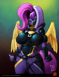 Size: 791x1024 | Tagged: safe, artist:zwitterkitsune, character:fluttershy, species:anthro, breasts, busty fluttershy, clothing, costume, crossover, eezo is magic, face not visible, female, mass effect, my waifus have fused, patreon, quarian, solo, spread wings, tali'zorah vas normandy, wings