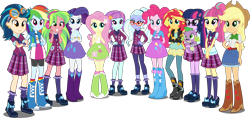 Size: 5500x2588 | Tagged: safe, artist:xebck, character:applejack, character:fluttershy, character:indigo zap, character:lemon zest, character:pinkie pie, character:rainbow dash, character:rarity, character:sour sweet, character:spike, character:spike (dog), character:sugarcoat, character:sunny flare, character:sunset shimmer, character:twilight sparkle, character:twilight sparkle (scitwi), species:dog, species:eqg human, equestria girls:friendship games, g4, my little pony: equestria girls, my little pony:equestria girls, absurd resolution, alternate hairstyle, applejack's hat, balloon, barrette, baubles, belt, boots, bracelet, canterlot high, cardigan, clothing, collar, compression shorts, cowboy boots, cowboy hat, crossed arms, crystal prep academy, crystal prep academy uniform, crystal prep shadowbolts, denim skirt, ear piercing, earring, eyeshadow, female, freckles, glasses, goggles, group, hairclip, hairpin, hand on hip, hand on waist, hands behind back, hands on waist, hat, headphones, high heel boots, humane eight, humane five, humane seven, humane six, jacket, jeans, jewelry, leather jacket, leggings, loose hair, makeup, mane six, necktie, pants, piercing, pigtails, plaid skirt, ponytail, raised leg, rolled up sleeves, school uniform, shadow five, shadow six, shirt, simple background, skirt, smiling, socks, standing, stetson, sweatband, tank top, transparent background, twintails, uniform, vector, vest, wondercolts, wristband