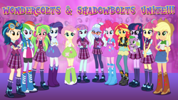 Size: 1920x1080 | Tagged: safe, artist:dashiemlpfim, artist:xebck, character:applejack, character:fluttershy, character:indigo zap, character:lemon zest, character:pinkie pie, character:rainbow dash, character:rarity, character:sour sweet, character:spike, character:spike (dog), character:sugarcoat, character:sunny flare, character:sunset shimmer, character:twilight sparkle, character:twilight sparkle (scitwi), species:dog, species:eqg human, equestria girls:friendship games, g4, my little pony: equestria girls, my little pony:equestria girls, boots, bow tie, canterlot high, clothing, collar, cowboy boots, cowboy hat, crossed arms, crystal prep academy, crystal prep academy uniform, crystal prep shadowbolts, denim skirt, ear piercing, female, freckles, friendship, glasses, goggles, group, hand on hip, hat, headphones, humane five, humane seven, leather jacket, loose hair, mane six, piercing, ponytail, raised leg, school uniform, shadow five, shoes, skirt, smiling, stetson, wall of tags, wallpaper, wondercolts, wristband, zoom layer