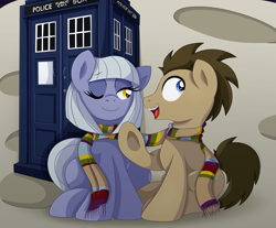 Size: 1353x1120 | Tagged: safe, artist:pearlyiridescence, character:doctor whooves, character:limestone pie, character:time turner, species:pony, clothing, doctor who, doctorlime, looking back, male, moon, one eye closed, open mouth, scarf, shared clothing, shared scarf, shipping, sitting, smiling, stallion, straight, tardis, underhoof