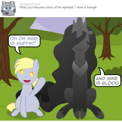 Size: 540x540 | Tagged: safe, artist:aha-mccoy, character:derpy hooves, oc, oc:anonlestia, species:pegasus, species:pony, ask, catface, dialogue, female, mare, nopony-ask-mclovin, speech bubble, tumblr