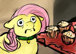 Size: 711x509 | Tagged: safe, artist:php27, character:fluttershy, species:pegasus, species:pony, collar, cupcake dog, fattershy, female, floppy ears, food, implied futa, implied ptsd, muffin, pet tag, ponified animal photo, solo