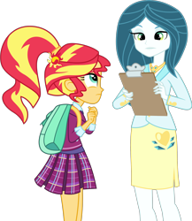 Size: 3408x3923 | Tagged: safe, artist:xebck, character:queen chrysalis, character:sunset shimmer, equestria girls:friendship games, g4, my little pony: equestria girls, my little pony:equestria girls, alternate hairstyle, alternate universe, backpack, clipboard, clothing, crystal prep academy, crystal prep academy uniform, crystal prep shadowbolts, equestria girls-ified, necklace, pleated skirt, school uniform, skirt