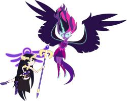 Size: 5639x4518 | Tagged: safe, artist:dashiemlpfim, artist:xebck, character:midnight sparkle, character:twilight sparkle, character:twilight sparkle (scitwi), species:eqg human, equestria girls:friendship games, g4, my little pony: equestria girls, my little pony:equestria girls, absurd resolution, bare shoulders, clothing, commission, crossed arms, crossover, dark side, dress, duo, equestria girls style, equestria girls-ified, evil, fingerless gloves, gloves, horn, kid icarus, midnight sparkle, necklace, palutena, simple background, sleeveless, staff, strapless, transparent background, vector, wings