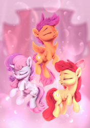 Size: 850x1200 | Tagged: safe, artist:assasinmonkey, character:apple bloom, character:scootaloo, character:sweetie belle, species:earth pony, species:pegasus, species:pony, species:unicorn, episode:crusaders of the lost mark, g4, my little pony: friendship is magic, bow, cutie mark, cutie mark crusaders, eyes closed, female, filly, hair bow, the cmc's cutie marks