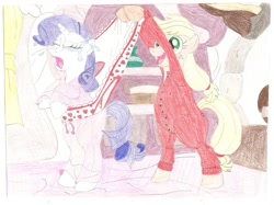 Size: 900x674 | Tagged: safe, artist:wjmmovieman, character:applejack, character:rarity, species:earth pony, species:pony, species:unicorn, applejerk, bipedal, butt flap, clothing, crying, female, frilly underwear, mare, pajamas, panties, traditional art, underwear, wedgie