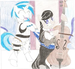 Size: 800x730 | Tagged: safe, artist:wjmmovieman, character:dj pon-3, character:octavia melody, character:vinyl scratch, ship:scratchtavia, belly button, blue underwear, boxers, clothing, female, lesbian, panties, polka dot underwear, shipping, thong, traditional art, underwear, wedgie