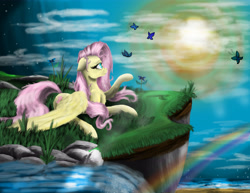 Size: 6732x5208 | Tagged: safe, artist:vinicius040598, character:fluttershy, absurd resolution, butterfly, dusk, female, rainbow, river, solo, stream, twilight (astronomy)