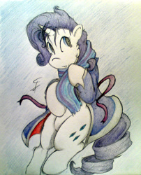 Size: 1868x2310 | Tagged: safe, artist:tamikimaru, character:rarity, 2013, clothing, colored, cutie mark, female, pose, scarf, solo, traditional art