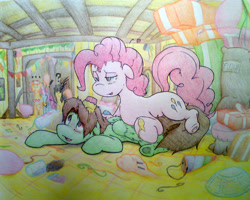 Size: 2716x2176 | Tagged: safe, artist:tamikimaru, character:pinkie pie, oc, oc:jello, oc:tami k. maru, episode:hearts and hooves day, g4, my little pony: friendship is magic, 2014, balloon, birthday party, black mane, canon x oc, cupcake, disaster, female, floppy ears, grin, male, party, shipping, straight, traditional art, wingboner, yellow coat