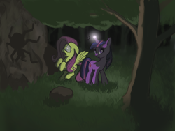 Size: 1024x768 | Tagged: safe, artist:cannibalus, character:fluttershy, character:twilight sparkle, dark, forest, glow, scared, shadow, spider