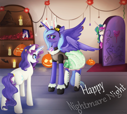 Size: 2550x2300 | Tagged: safe, artist:mailner, character:princess celestia, character:princess luna, character:rarity, character:sweetie belle, blushing, bunny blanc, bunny ears, candle, clothing, costume, crossover, ever after high, jack-o-lantern, magic, nightmare night, nightmare night costume, pumpkin, s1 luna, shirt, skirt, spread wings, telekinesis, wings