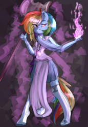 Size: 1653x2400 | Tagged: safe, artist:slynecallisto, character:rainbow dash, species:anthro, species:unguligrade anthro, axe, clothing, female, magic, necklace, pendant, signature, skirt, solo, weapon