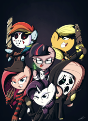 Size: 1600x2200 | Tagged: safe, artist:therandomjoyrider, character:applejack, character:fluttershy, character:pinkamena diane pie, character:pinkie pie, character:rainbow dash, character:rarity, character:twilight sparkle, 2015, chainsaw, claws, clothing, crossover, freddy krueger, ghostface, group, halloween, hat, herbert west, jason voorhees, knife, leatherface, looking at you, mane six, nightmare on elm street, open mouth, phantasm, re-animator, screaming, signature, tall man, the texas chainsaw massacre, theme, walkie talkie, weapon
