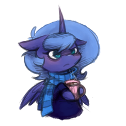 Size: 800x800 | Tagged: safe, artist:breadcipher, character:princess luna, species:alicorn, species:pony, clothing, coat, coffee, cup, drink, female, mug, s1 luna, scarf, simple background, solo, white background
