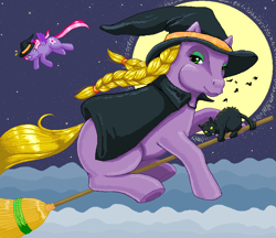 Size: 910x788 | Tagged: safe, artist:hollowzero, character:abra-ca-dabra, character:starsong, g3, braid, broom, cape, cat, clothing, cloud, cloudy, flying, flying broomstick, full moon, halloween, hat, looking back, moon, ms paint, night, night sky, smiling, spread wings, stars, underhoof, wide eyes, wings, witch hat