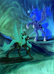 Size: 1275x1755 | Tagged: safe, artist:dalagar, character:princess luna, character:queen chrysalis, species:alicorn, species:changeling, species:pony, changeling queen, female