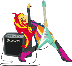 Size: 1541x1415 | Tagged: safe, artist:nano23823, character:sunset shimmer, equestria girls:rainbow rocks, g4, my little pony: equestria girls, my little pony:equestria girls, .svg available, boots, clothing, equipment, eyes closed, female, flying v, guitar, guitar pick, leather jacket, musical instrument, playing, simple background, skirt, solo, speaker, sunset shredder, svg, transparent background, vector