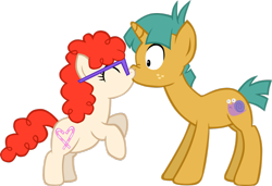 Size: 1082x738 | Tagged: safe, artist:ludiculouspegasus, character:snails, character:twist, female, glasses, kissing, male, shipping, snailstwist, straight, surprise kiss, surprised