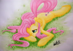 Size: 3631x2569 | Tagged: safe, artist:dantethehuman, character:fluttershy, species:pegasus, species:pony, female, folded wings, grass, hair over one eye, looking away, lying down, melancholy, prone, questionable source, solo, traditional art, wings