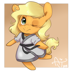 Size: 1280x1280 | Tagged: safe, artist:inkie-heart, character:applejack, species:pony, bipedal, chibi, cute, female, jackabetes, solo, standing, wink