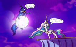 Size: 1920x1200 | Tagged: safe, artist:piemations, character:princess celestia, character:princess luna, dialogue, in a nutshell, majestic as fuck, moon, night, night sky, tangible heavenly object, vulgar