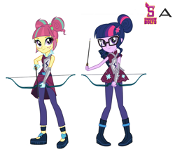 Size: 762x668 | Tagged: safe, artist:karalovely, character:sour sweet, character:twilight sparkle, character:twilight sparkle (scitwi), species:eqg human, equestria girls:friendship games, g4, my little pony: equestria girls, my little pony:equestria girls, archery, archery clothes, bow (weapon), crystal prep academy, crystal prep shadowbolts, simple background, white background