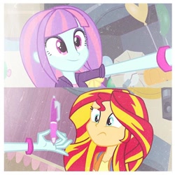 Size: 640x640 | Tagged: safe, artist:gouhlsrule, edit, edited screencap, screencap, character:sunny flare, character:sunset shimmer, equestria girls:friendship games, g4, my little pony: equestria girls, my little pony:equestria girls, adoraflare, alternate hairstyle, alternate universe, cute, pen