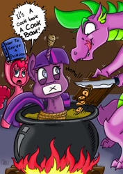 Size: 1024x1448 | Tagged: safe, artist:dinodraketakethecake, character:pinkie pie, character:spike, character:twilight sparkle, character:twilight sparkle (alicorn), species:alicorn, species:dragon, species:pony, cauldron, cookbook, cooked alive, cooking, cooking pot, cork, dialogue, female, fire, food, gag, horn guard, hungry, imminent vore, implied cannibalism, implied vore, knife, licking, licking lips, magic suppression, male, mare, older, older spike, peril, pony as food, tape gag, the twilight zone, this will end in tears and/or breakfast, tied up, to serve man, tongue out